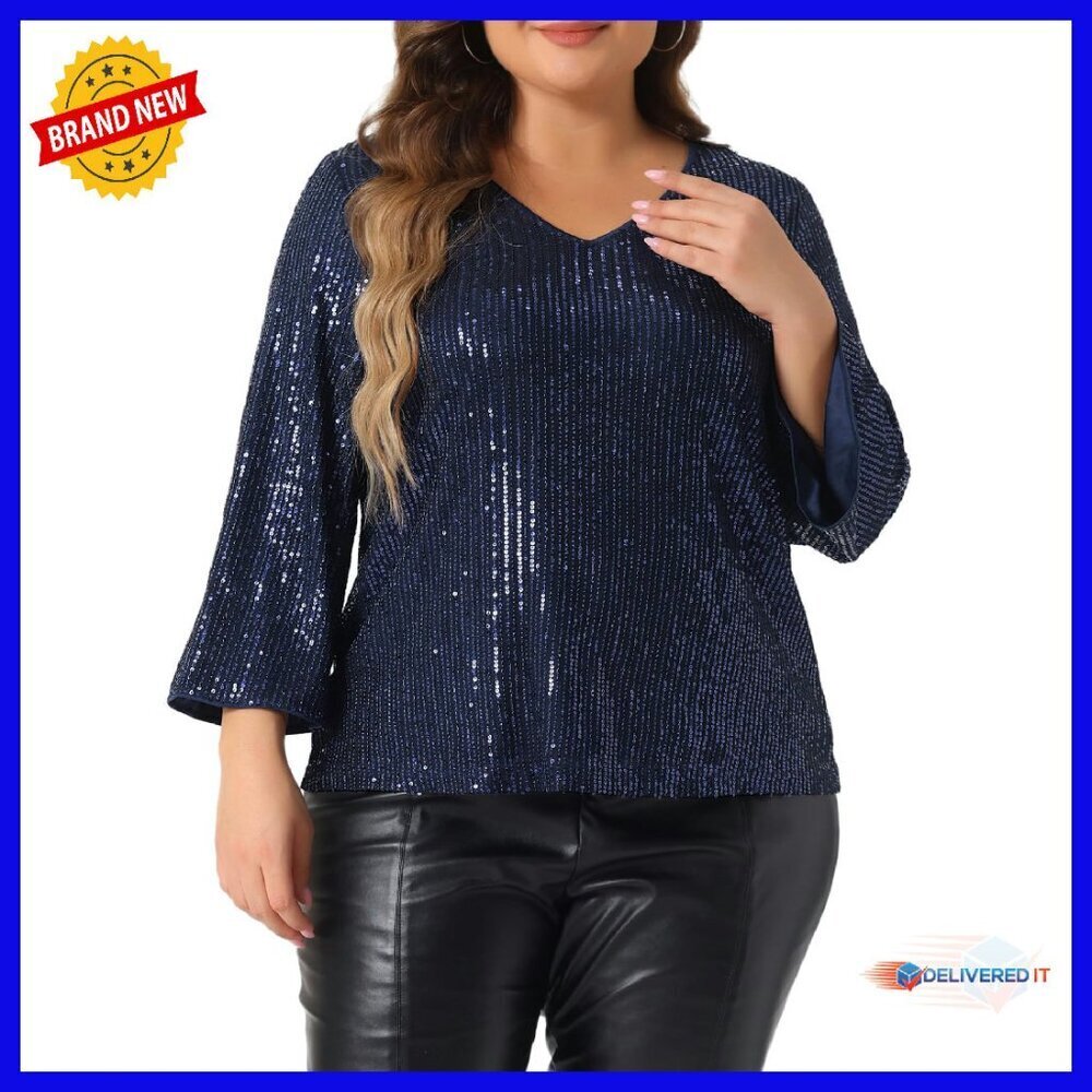 Plus Size Sequin Top 3/4 Sleeve V Neck Sparkle Party Club Outfit